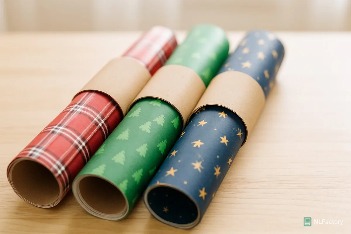 Three rolls of holiday wrapping paper held closed by cuffs cut from empty toilet paper tubes
