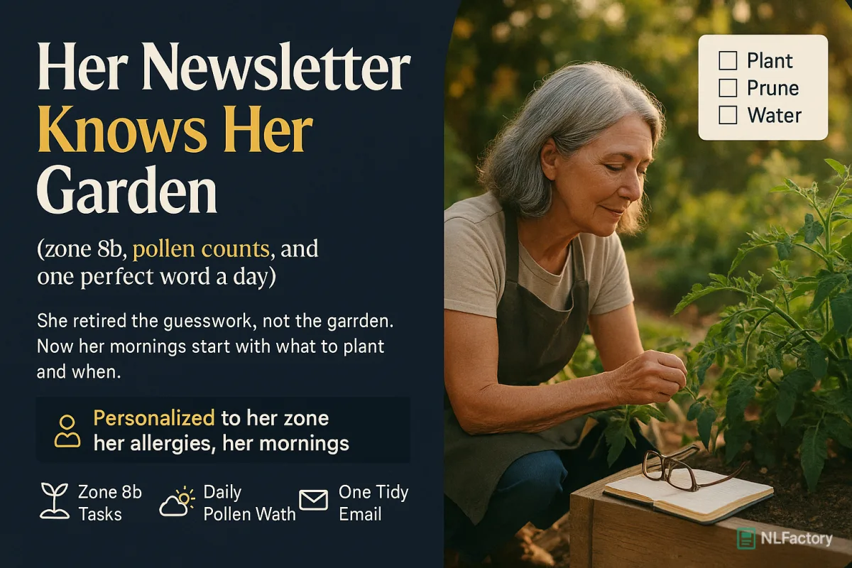 Editorial hero: a retired teacher inspects her raised garden beds beside a panel reading Her Newsletter Knows Her Garden