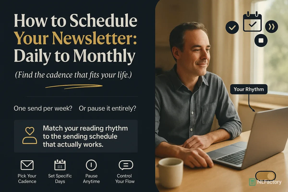 A person at a kitchen counter choosing when their newsletter should arrive.