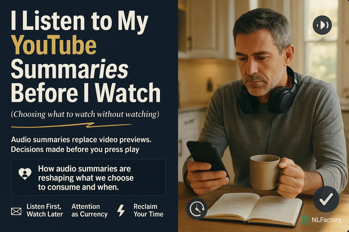 Headphones resting beside a phone displaying a written summary of a video